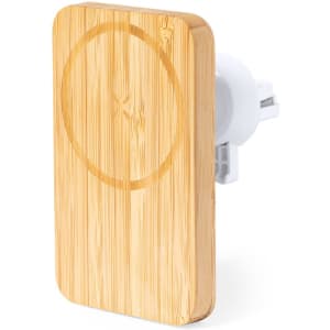 A wireless charger holder in natural bamboo finish, featuring a round indentation and a white connector.