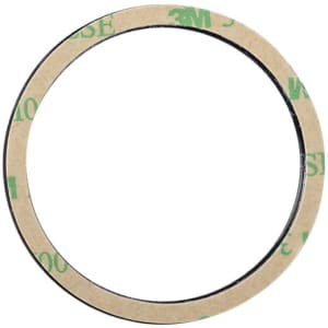A circular adhesive tape with a beige backing and black edges, featuring a logo.