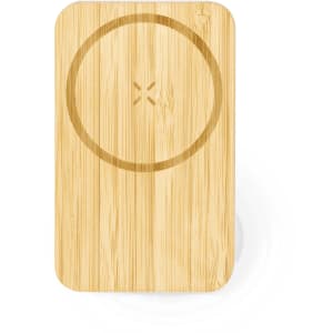 A wireless charger holder in a natural wood finish, featuring a circular design and an engraved logo.