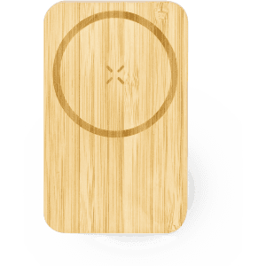 A bamboo wireless charger holder with a circular design and a logo on the surface.