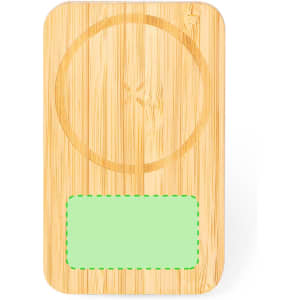 A bamboo wireless charger holder in a rectangular shape with a light green area and a logo.