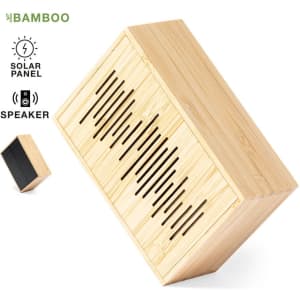 A wooden bamboo speaker with a solar panel on top, featuring slotted ventilation and a rectangular design.