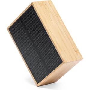 A rectangular bamboo speaker with a black front panel, featuring a sleek and modern design.