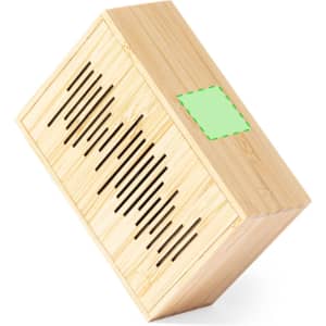 A wooden speaker with a natural finish, featuring slotted openings for sound. It has a logo on the surface.