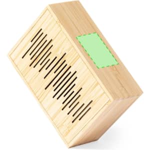 A wooden speaker with a sleek design, featuring a light wood finish and a logo on one side.