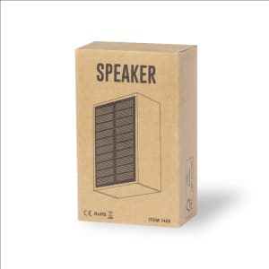 A cardboard box containing a speaker, featuring a simple design and a logo on the side.
