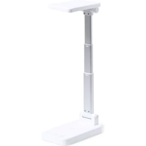 A white multifunction lamp with an adjustable arm and a sturdy base, featuring a logo on the surface.