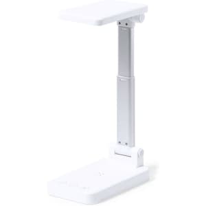 A white multifunction lamp with a sleek design and adjustable arm, featuring a base for stability.