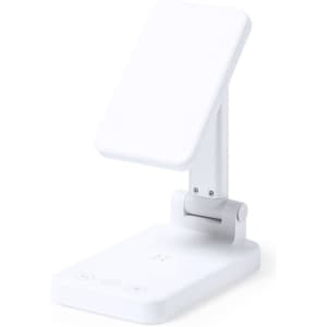 A white multifunction lamp with an adjustable head and a base featuring three buttons.