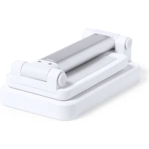 A multifunction lamp in white and silver design, featuring a sleek base and an adjustable arm for varied positioning.