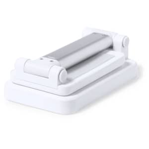 A multifunction lamp in white with a silver accent, featuring a sleek design and a base for stability.