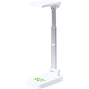 A multifunction lamp in white with a silver adjustable arm and a green button panel at the base.