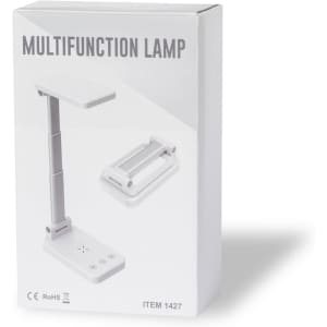 A white multifunction lamp box with adjustable arm and base, featuring a logo on the packaging.
