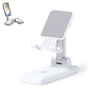 A white multifunction phone holder with a flexible arm and adjustable angle, designed for viewing devices hands-free.