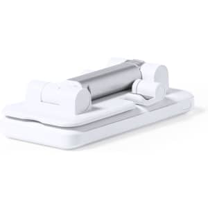 A white multifunction holder designed for tech accessories, featuring a sleek design with a grey middle section.