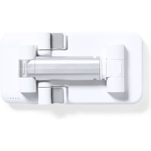 A white multifunction holder with a retractable design, featuring a built-in power bank and a logo.