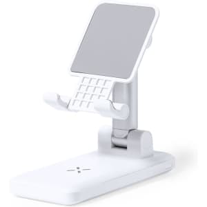 A white multifunction holder designed for devices, featuring an adjustable stand and a base with a logo.