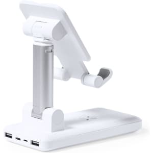 A white multifunction holder featuring an adjustable stand and multiple USB ports. It has a sleek, modern design.