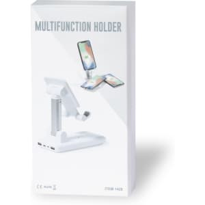 A multifunction holder in white packaging, featuring a stand for phones and multiple device support.