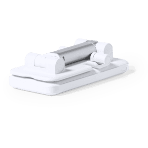 A white multifunction holder designed for phones and technology, featuring a sleek, compact design with multiple adjustable components.