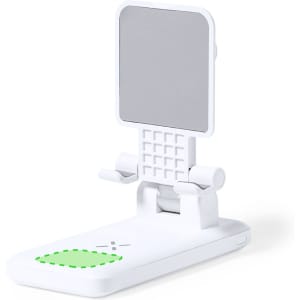 A white multifunction phone holder with a textured base and an adjustable screen support. It features a logo on the base.