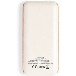 A white power bank with a textured brown edge, featuring a logo. It has an 8000mAh capacity and multiple output options.