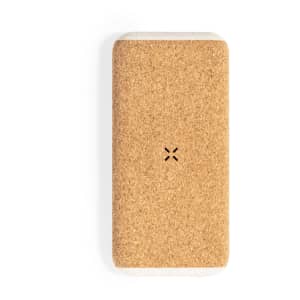 A power bank with a cork exterior and a minimalist design, featuring a logo on the surface.