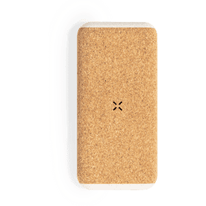 A power bank with a cork finish, featuring a sleek rectangular design and a small logo on the surface.