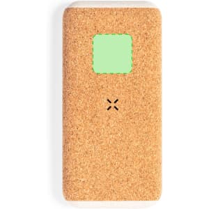 A cork-covered power bank with a square green section, designed for charging devices. It features a logo.
