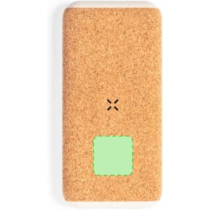 A cork-textured power bank in a rectangular shape with a green charging indicator. It features a logo on the side.