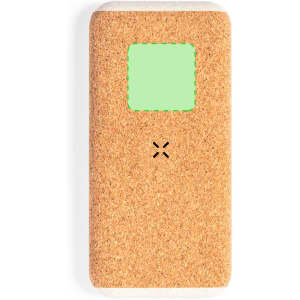 A cork-finished power bank featuring a green square area and a logo on the front.
