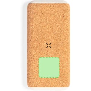 A cork-textured power bank in a rectangular shape, featuring a green square area and a logo on the front.