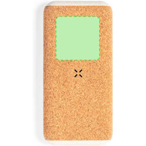 A rectangular power bank in a cork exterior with a green charging indicator and a logo.