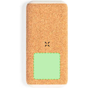A cork-textured power bank in a rectangular shape, featuring a green area and a small logo.