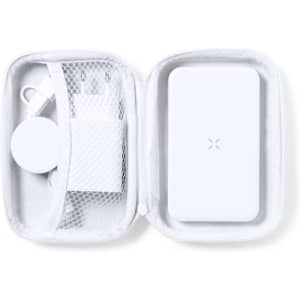 A power bank set in a white case, including a white power bank, charger, and cable.
