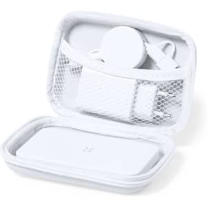 A white power bank set in a zippered case, including a circular charger and cables. The set features a mesh pocket.