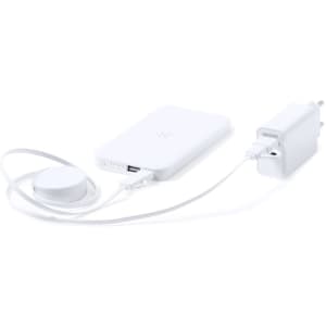 A white power bank set with a USB port, charger, and connecting cable. Features a logo on the power bank.
