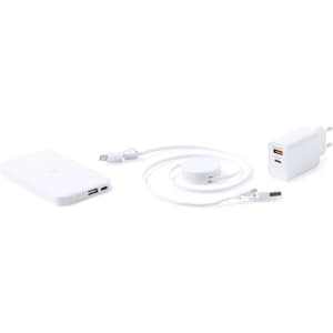 A white power bank set featuring a power bank, charging cables, and a wall charger. Includes a logo on the power bank.