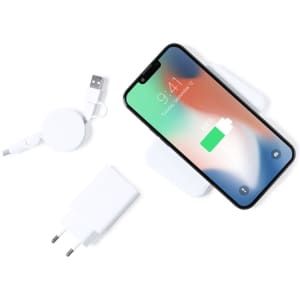 A smartphone displays a battery charge icon alongside a white power bank, USB cable, and charger.