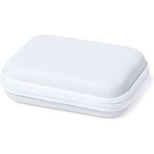 A white power bank set in a zippered case, featuring a sleek design and a logo on the surface.