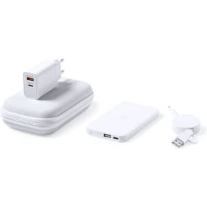 A white power bank set including a charging unit, power bank, and a USB cable, all presented in a compact case.