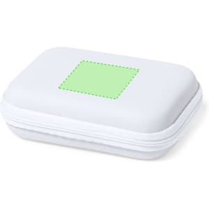 A white zippered case with a green area for branding. Ideal for storing power banks or small technology items.