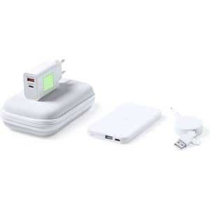 A white power bank set including a power bank, charging cable, and wall charger, all encased in a compact storage pouch.