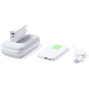 A power bank set in white, including a power bank, wall charger, and USB cable, all in a compact case.