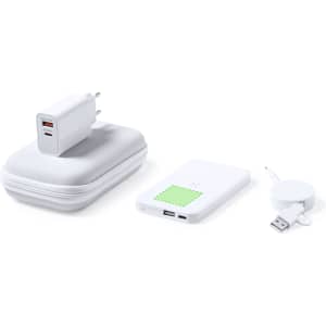 A power bank set in white, including a power bank, charging cable, and wall charger in a protective case.