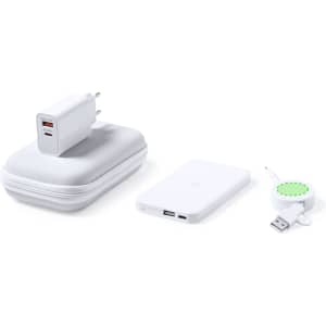A white power bank set including a compact charger, power bank, USB cable, and a charging pad, all in a zipped case.