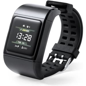 A black smartwatch with a digital display, featuring multiple metrics and a sporty strap design.