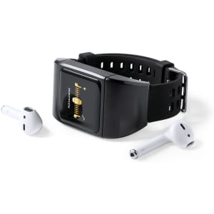 A black smartwatch with a rectangular face, accompanied by a pair of white wireless earbuds.