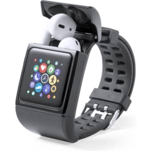 A black smartwatch with a display featuring various app icons, alongside white wireless earbuds in a charging case.