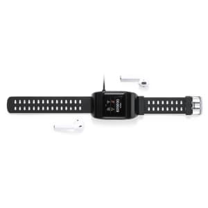 A black smartwatch with a silicone strap, accompanied by wireless earbuds, arranged on a white background.